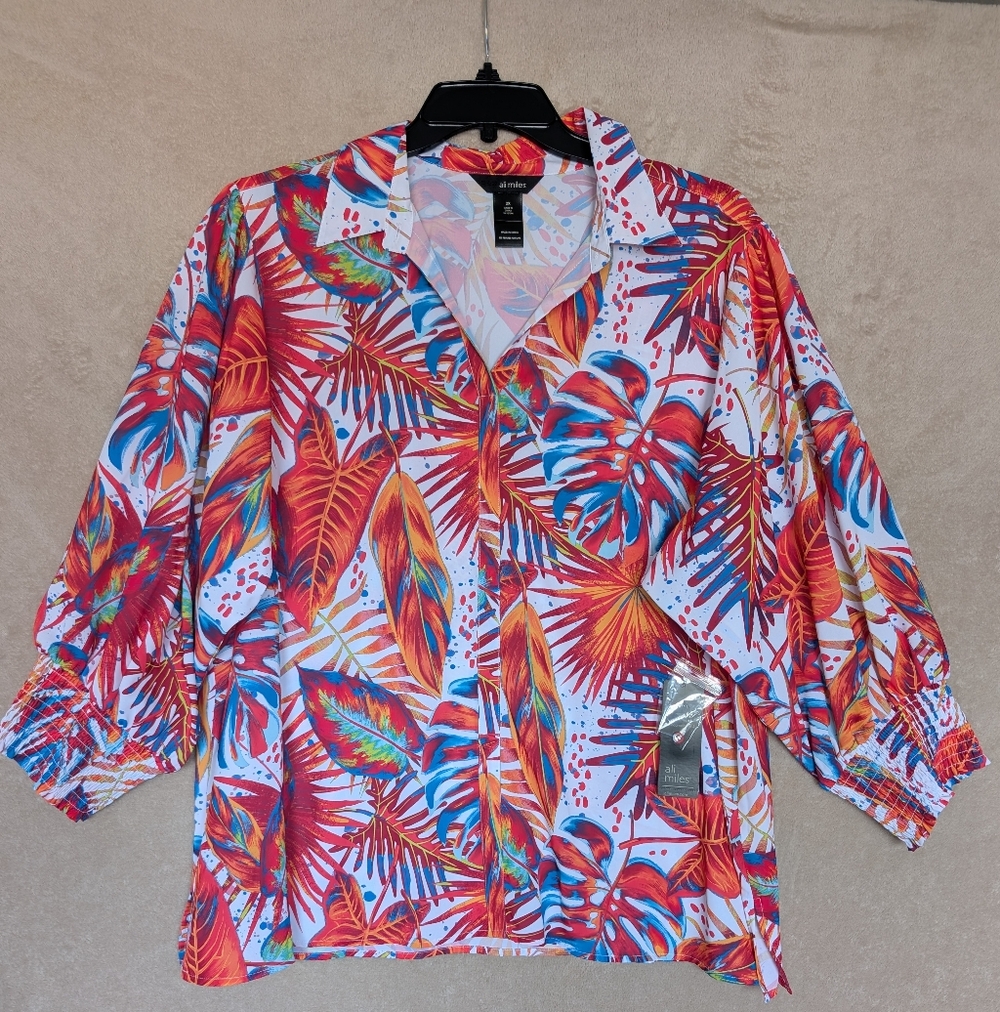Ali Miles Tropical Leaf Print Button-Up Blouse in Red, Blue, Orange
